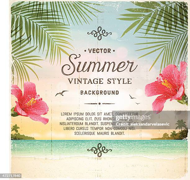 illustrations, cliparts, dessins animés et icônes de rétro fond d'été plage tropicale - fleur tropicale