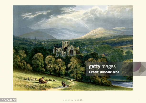 melrose abbey, roxburghshire, scotland - melrose scotland stock illustrations