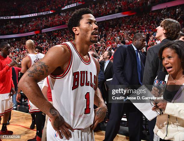 Derrick Rose of the Chicago Bulls is interviewed after hitting the game winning three pointer with three seconds left in the game against the...