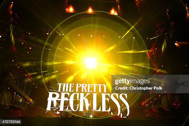 Musicians Mark Damon, Taylor Momsen and Ben Phillips of The Pretty Reckless perform onstage during Rock in Rio USA at the MGM Resorts Festival...