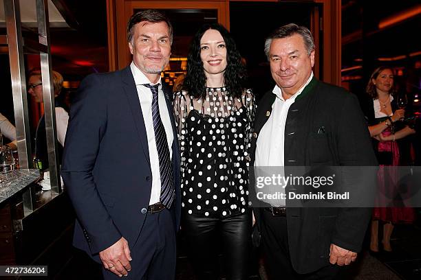 Thomas Helmer, Waldemar Hartmann and his wife Petra Wepper during the Kempinski Hotel Berchtesgaden opening party on May 8, 2015 in Berchtesgaden,...