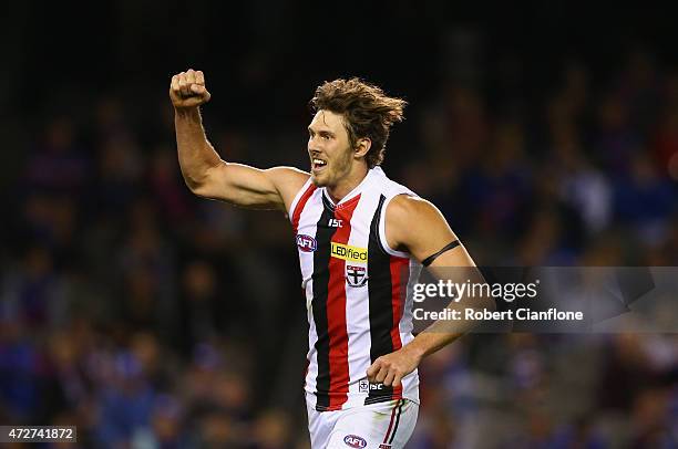 Tom Hickey of the Saints celebrates after scoring a goal during the round six AFL match between the Western Bulldogs and the St Kilda Saints at...