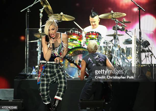Musicians Gwen Stefani, Tony Kanal and Adrian Young of No Doubt perform onstage during Rock in Rio USA at the MGM Resorts Festival Grounds on May 8,...