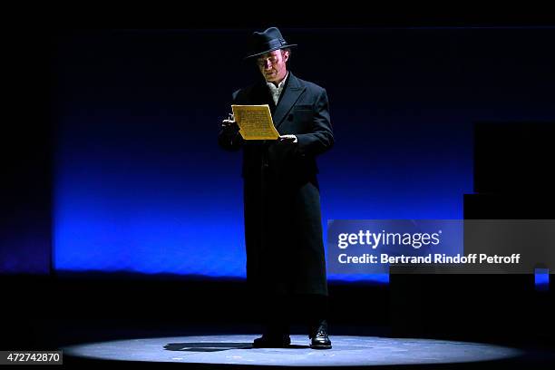 Actor playing the role of Jean Moulin, Thierry Fremont performs during the 'Ami, entends tu ?' Show performed at The Invalides on May 8, 2015 in...