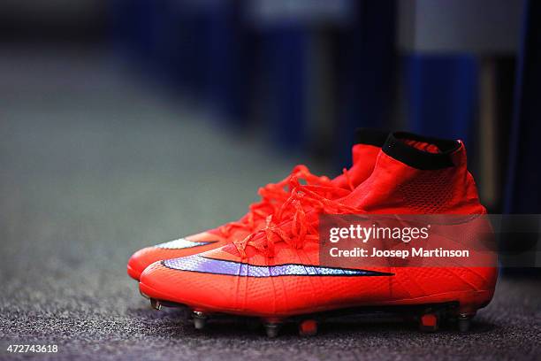 Football boots are seen in Sydney FC dressing room prior to the A-League Semi Final match between Sydney FC and Adelaide United at Allianz Stadium on...