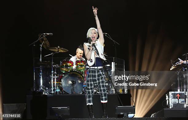 Drummer Adrian Young and singer Gwen Stefani of No Doubt performs during Rock in Rio USA at the MGM Resorts Festival Grounds on May 8, 2015 in Las...