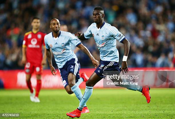 Bernie Ibini-Isei of Sydney FC celebrates scoring the first goal follwed by Mickael Tavares during the A-League Semi Final match between Sydney FC...