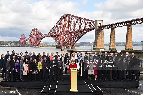 First Minister and leader of the SNP Nicola Sturgeon is joined by the newly elected members of parliament as they gather in front of the Forth Rail...