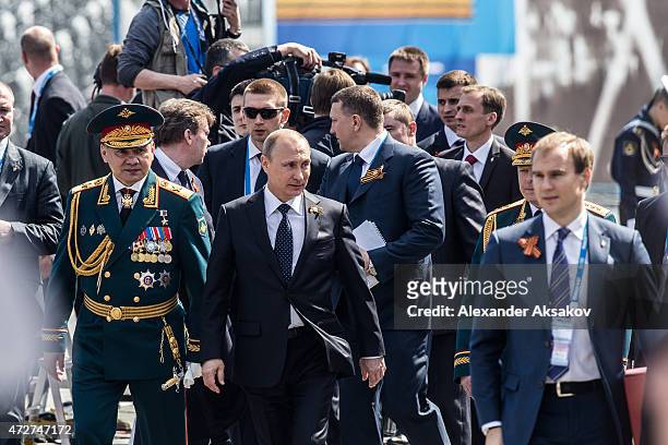 President of Russia Vladimir Putin and Minister of defense of Russia Sergey Shoigu attends the Victory Parade which is part of celebrations marking...