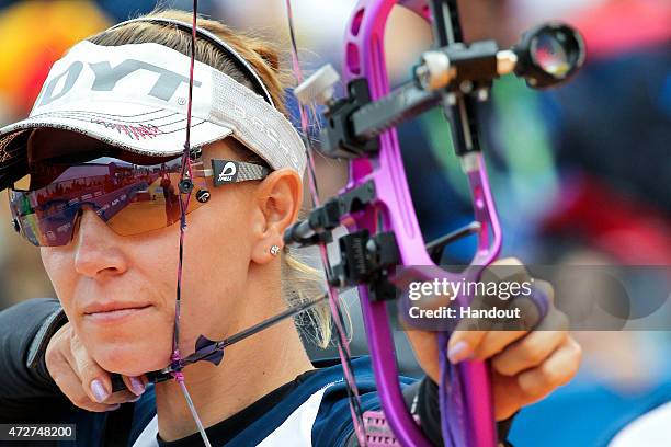 In this handout image provided by the World Archery Federation, Maja Marcen of Columbia shoots during the compound womens team gold final at Archery...