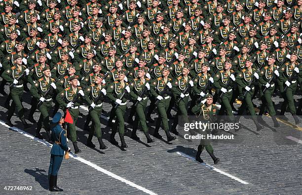 In this handout image supplied by Host photo agency / RIA Novosti, Ceremonial unit soldiers during the military parade to mark the 70th anniversary...