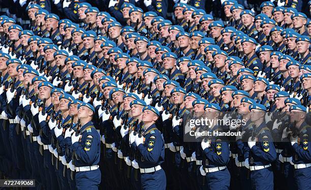 In this handout image supplied by Host photo agency / RIA Novosti, Ceremonial unit soldiers during the military parade to mark the 70th anniversary...