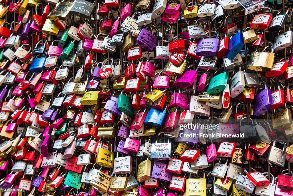 Thousands of colorful padlocks are locked as love vows at...