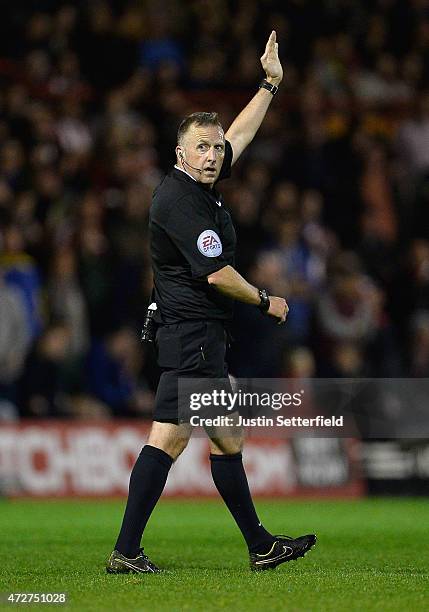 Referee Jonathan Moss during the Sky Bet Championship Playoff Semi-Final at Griffin Park between Brentford and Middlesbrough on May 8, 2015 in...