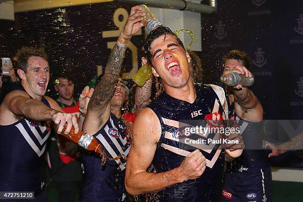 Alex Pearce of the Dockers celebrates after winning the round six AFL match between the Fremantle Dockers and the Essendon Bombers at Domain Stadium...