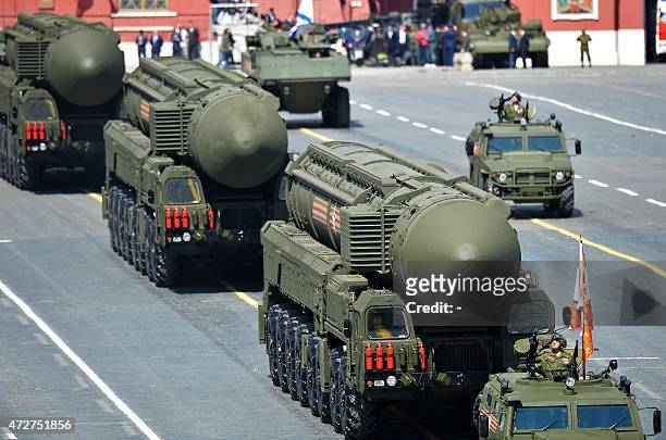 Russian Yars RS-24 intercontinental ballistic missile system drives during the Victory Day military parade in Moscow on May 9, 2015. Russian...