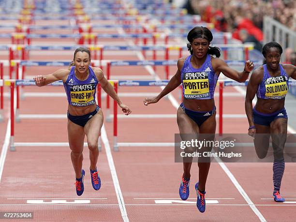 Tiffany Porter of Great Britain wins the women's 100 metres hurdles ahead of Jessica Ennis-Hill of Great Britain and Serita Soloman of Great Britain...