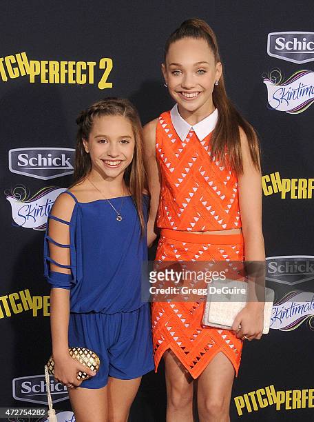 Maddie Ziegler and Mackenzie Ziegler arrive at the Los Angeles premiere of "Pitch Perfect 2" at Nokia Theatre L.A. Live on May 8, 2015 in Los...