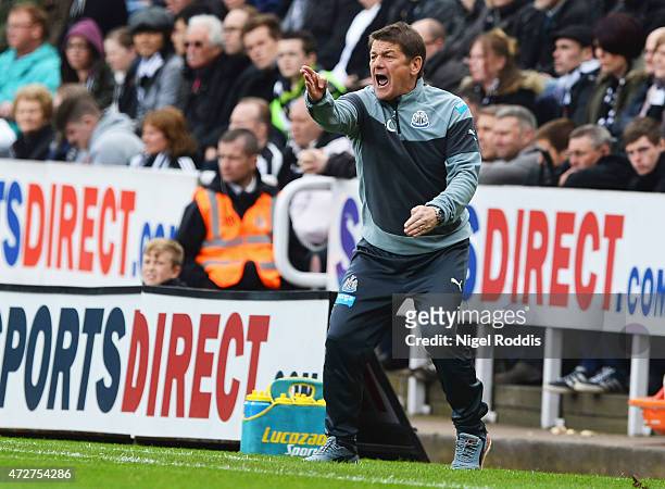John Carver, manager of Newcastle United gives instructions during the Barclays Premier League match between Newcastle United and West Bromwich...