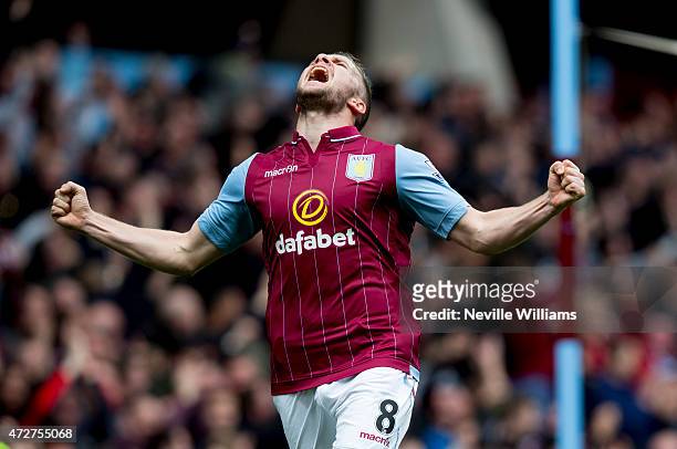 Tom Cleverley of Aston Villa celebrates his goal for Aston Villa during the Barclays Premier League match between Aston Villa and West Ham United at...