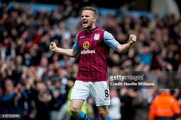 Tom Cleverley of Aston Villa celebrates his goal for Aston Villa during the Barclays Premier League match between Aston Villa and West Ham United at...