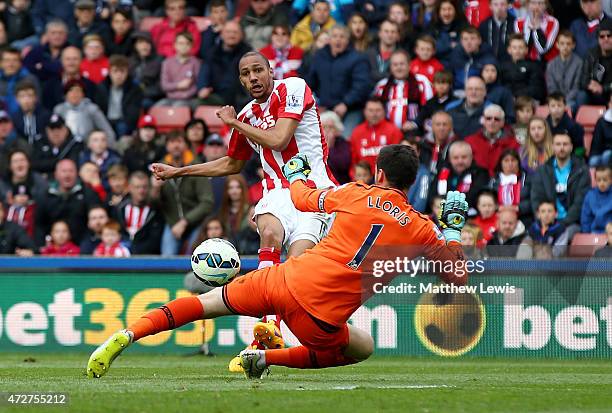 Steven N'Zonzi of Stoke City scores his team's second goal past Hugo Lloris of Tottenham Hotspur during the Barclays Premier League match between...