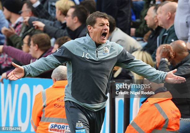 John Carver manager of Newcastle United reacts during the Barclays Premier League match between Newcastle United and West Bromwich Albion at St...