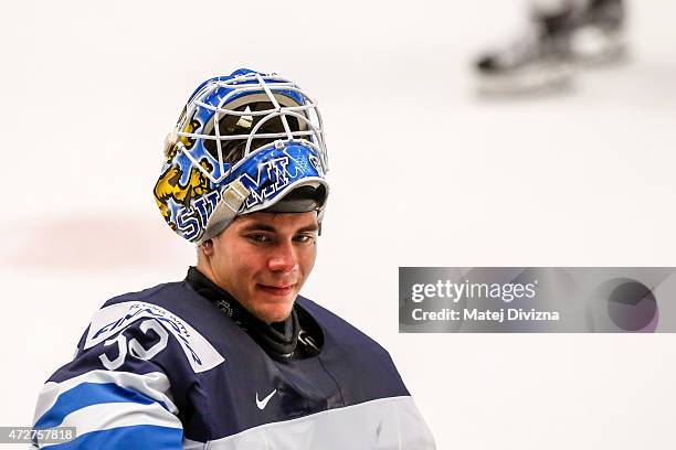 Juuse Saros, goalkeeper of Finland, during the IIHF World Championship group B match between Finland and Slovakia at CEZ Arena on May 9, 2015 in...