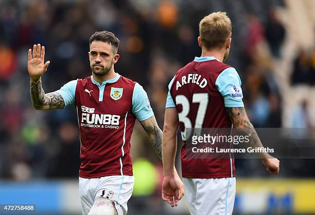 Danny Ings of Burnley waves to fans after his team were relegated after the Barclays Premier League match between Hull City and Burnley at KC Stadium...