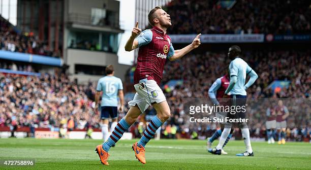 Villa goalscorer Tom Cleverley celebrates his goal during the Barclays Premier League match between Aston Villa and West Ham United at Villa Park on...
