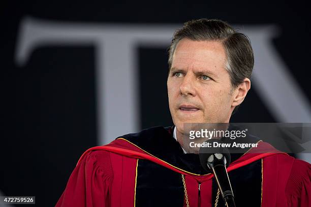 Liberty University president Rev. Jerry Falwell speaks during the commencement ceremony at Liberty University, at Williams Stadium on the campus of...