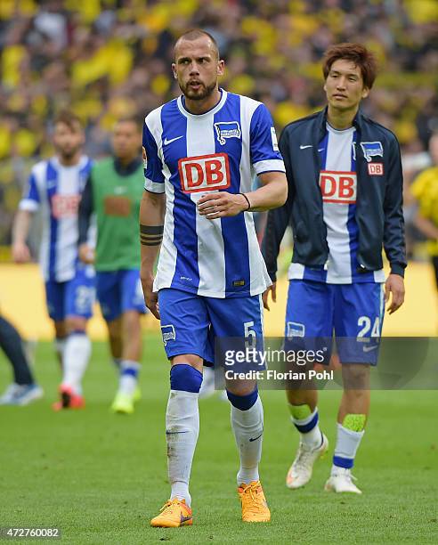 John Heitinga of Hertha BSC shows disappointment during the game between Borussia Dortmund and Hertha BSC on May 9, 2015 in Dortmund, Germany.