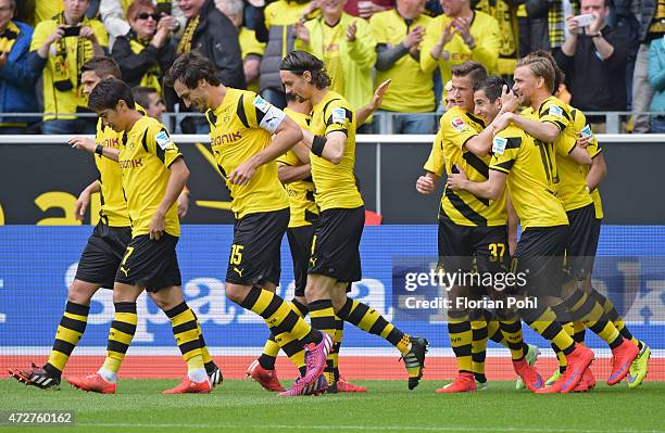 Team celebrates after scoring the 1:0 during the game between Borussia Dortmund and Hertha BSC on May 9, 2015 in Dortmund, Germany.