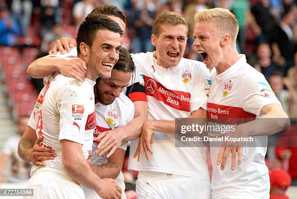 Filip Kostic of Stuttgart celebrates his team's second goal with team mates during the Bundesliga match between VfB Stuttgart and 1. FSV Mainz 05 at...