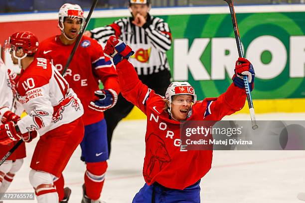 Ken Andre Olimb of Norway celebrates his goal during the IIHF World Championship group B match between Denmark and Norway at CEZ Arena on May 9, 2015...