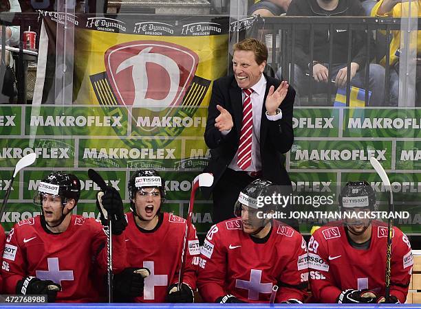 Head coach Glen Hanlon of Switzerland reacts during the group A preliminary round match Sweden vs Switzerland at the 2015 IIHF Ice Hockey World...