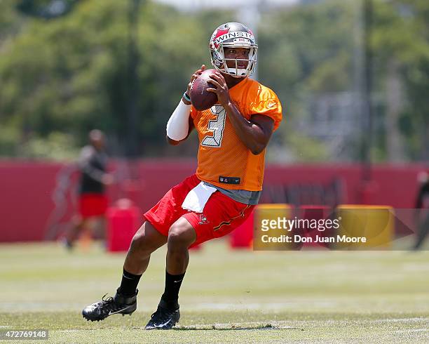 Quarterback Jameis Winston of the Tampa Bay Buccaneers works out during Rookie Mini Camp at One Buccaneer Place on May 9, 2015 in Tampa, Florida.