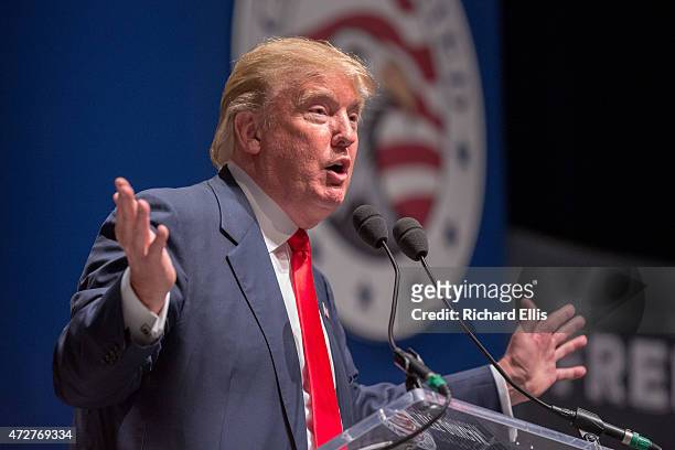 Buisnessman Donald Trump speaks during the Freedom Summit on May 9, 2015 in Greenville, South Carolina. Trump joined potential presidential...