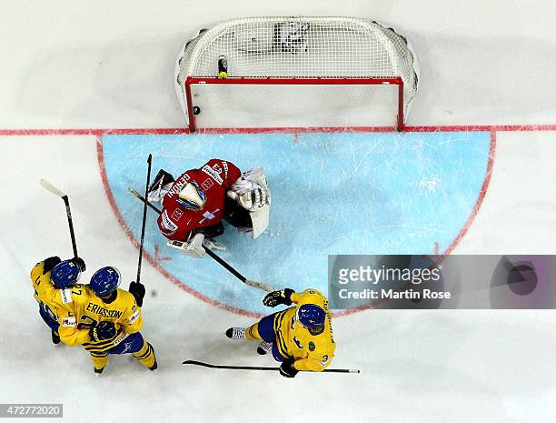 Elias Lindholm of Sweden celebrates scoring the opening goal during the IIHF World Championship group A match between Austria and Switzerland at o2...