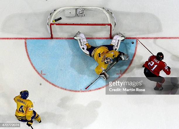 Jhonas Enroth, goaltender of Sweden tends net against Switzerland during the IIHF World Championship group A match between Austria and Switzerland at...