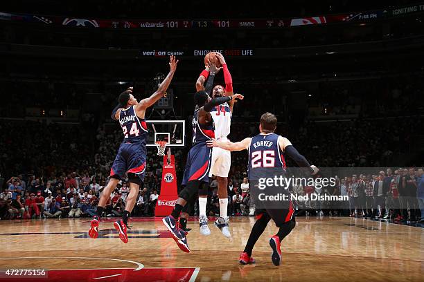 Paul Pierce of the Washington Wizards makes the game winning shot with no time left on the clock against the Atlanta Hawks in Game Three of the...