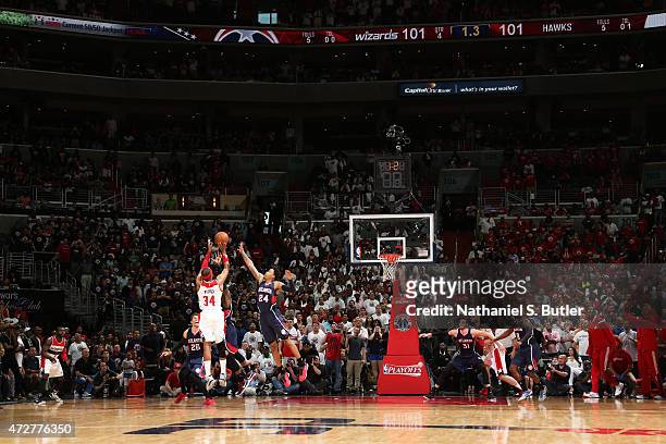 Paul Pierce of the Washington Wizards makes the game winning shot as the clock runs out against the Atlanta Hawks in Game Three of the Eastern...