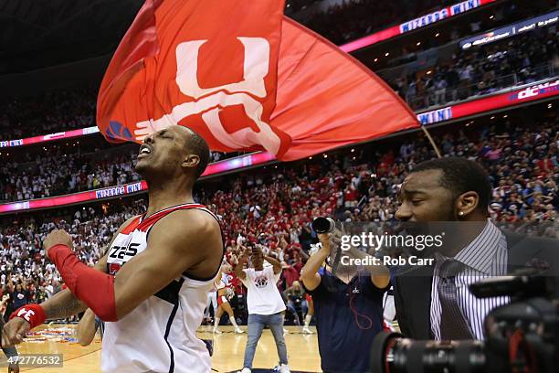 Paul Pierce of the Washington Wizards celebrates with John Wall after hitting the game winning shot to give the Wizards a 103-101 win over the...