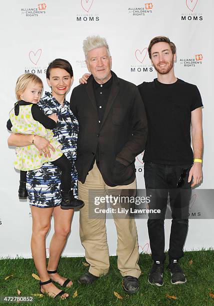 Actress Emily Lynch, director David Lynch and son Riley Lynch attend Alliance Of Moms Giant Playdate on May 9, 2015 in Los Angeles, California.