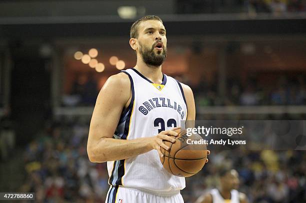 Marc Gasol of the Memphis Grizzlies prepares to shoot a free throw against the Golden State Warriors during Game three of the Western Conference...