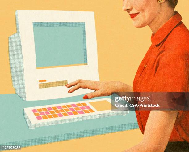 stockillustraties, clipart, cartoons en iconen met woman using computer - administratief medewerker