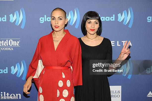 Nicole Albino and Natalie Albino of Nina Sky attend the VIP Red Carpet Suite hosted by Ketel One Vodka at the 26th Annual GLAAD Media Awards in New...