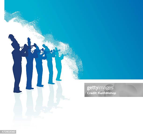 ilustraciones, imágenes clip art, dibujos animados e iconos de stock de banda de trompeta de fondo azul - banda de marcha