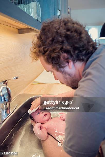 dad giving bath to his newborn baby in kitchen sink. - taking a bath stock pictures, royalty-free photos & images