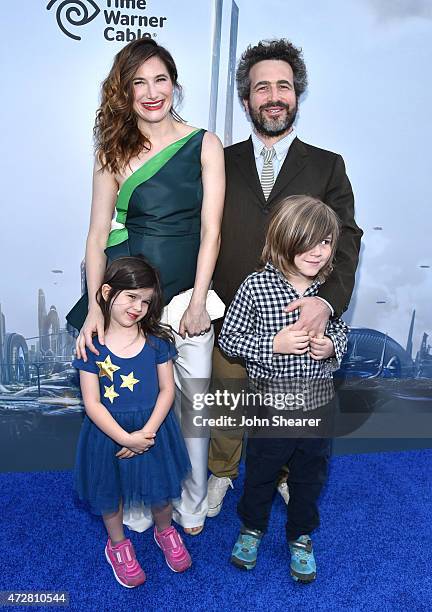 Kathryn Hahn, Ethan Sandler, Mae Sandler, and Leonard Sandler attend the premiere of Disney's "Tomorrowland" at AMC Downtown Disney 12 Theater on May...